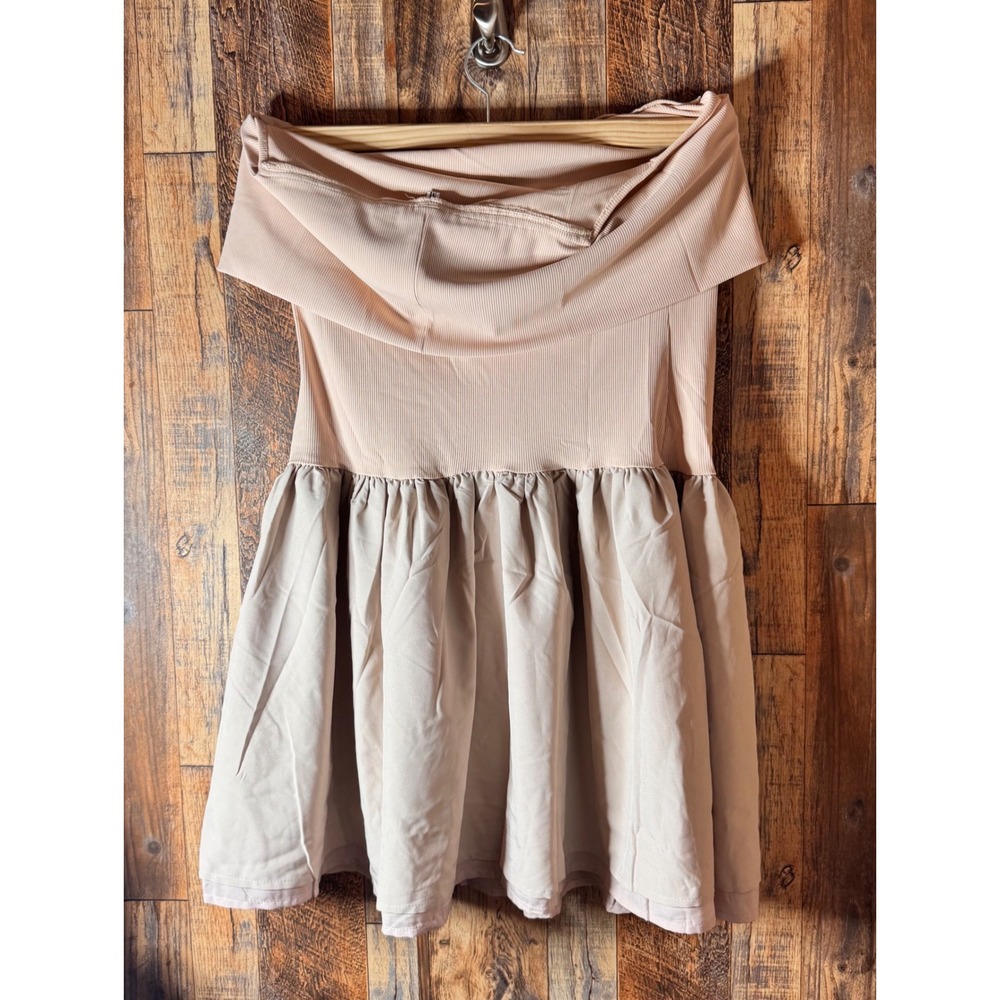 Apricot Beige Off-Shoulder Dress, Ribbed Bodice,‎ Sleeveless Mini Dress, Size M - Picture 3 of 5
